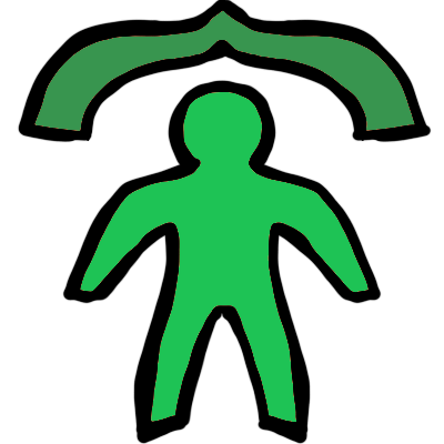 A green bipedal, two-armed figure with a dark green open curly bracket above them.